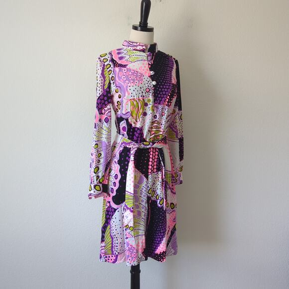 Vintage 1970s Dress Womens Purple Pink MCM Hippie Psychedelic Retro Anika XS/S - Picture 13 of 16